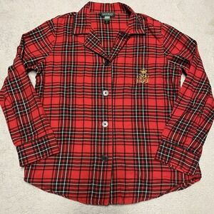 Lauren Ralph Lauren Pajama Top Womens M Red Plaid Button Embroidered Holiday